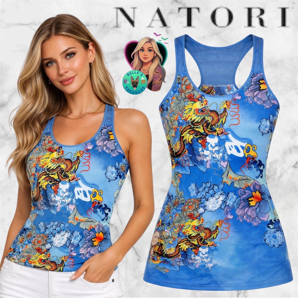 Natori Womens Small Blue Japanese Dragon Racerback Tank Top Built-in-Bra Y2K